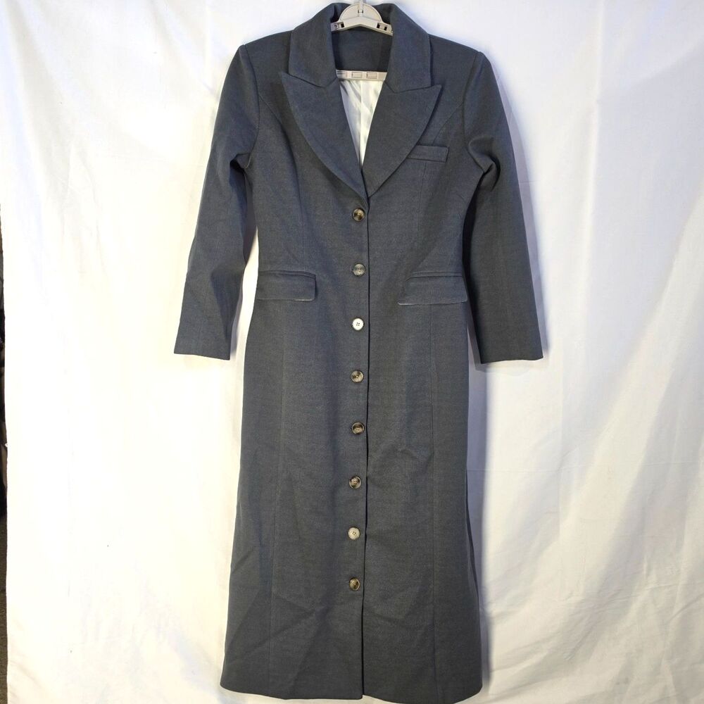 Dark Academia Maxi Trench Coat Slate Gray Longline Blazer Duster Womens Large L